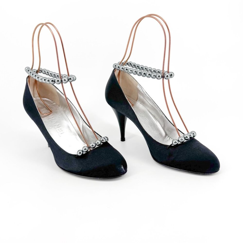 Chanel Pearl Ankle Strap Pumps Heels Black Satin Size 38 US 7–7.5 Women Anklet